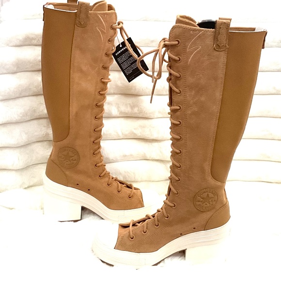 Tan Converse Knee High Lug Sole Boots – Women’s Leather Lace Up Size 9 - Picture 1 of 16